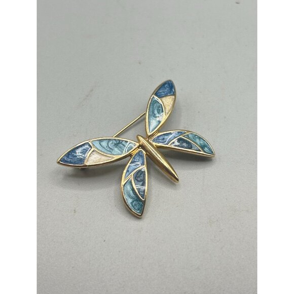 Signed LC Liz Claiborne Enameled Butterfly Pin Brooch 80s Blue Swirls Gold Tone - Picture 3 of 7